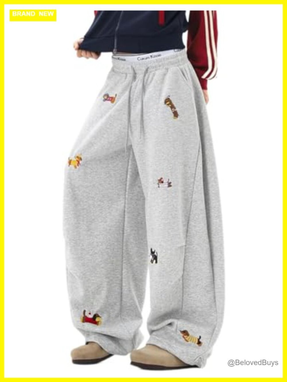 Animal Embroidered Baggy Sweatpants Elastic Drawstring Wide Leg Trousers